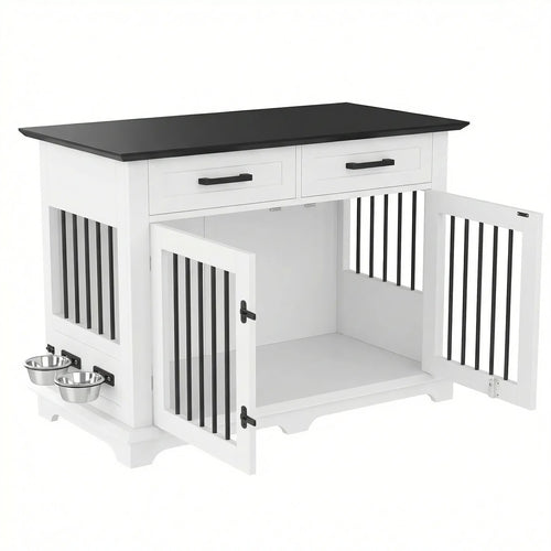 44.48" Wooden Dog Crate Furniture with Storage Drawers and Rotating
