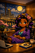 Confident Night Office – Stylish Cityscape Workspace Illustration