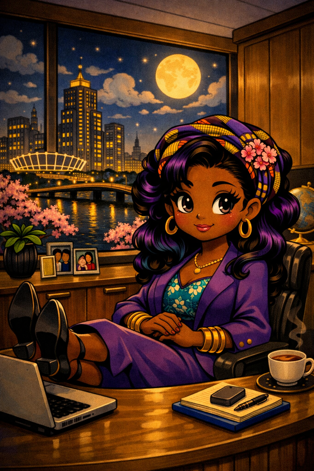 Confident Night Office – Stylish Cityscape Workspace Illustration