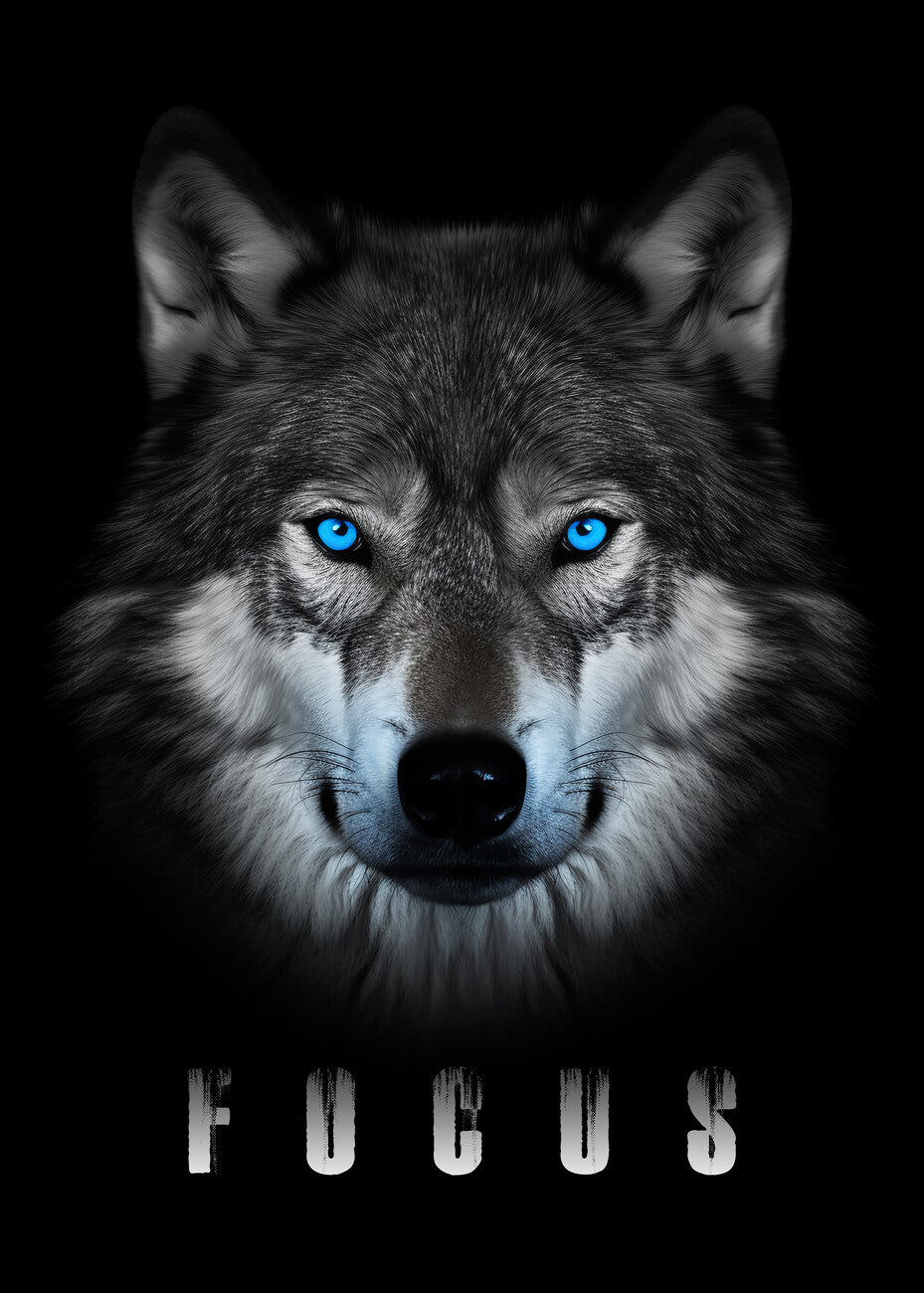 Blue‑Eyed Wolf Focus Print – Wildlife Power Art
