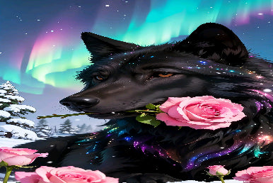 Aurora Wolf with Roses Art Print - Northern Lights Winter Scene