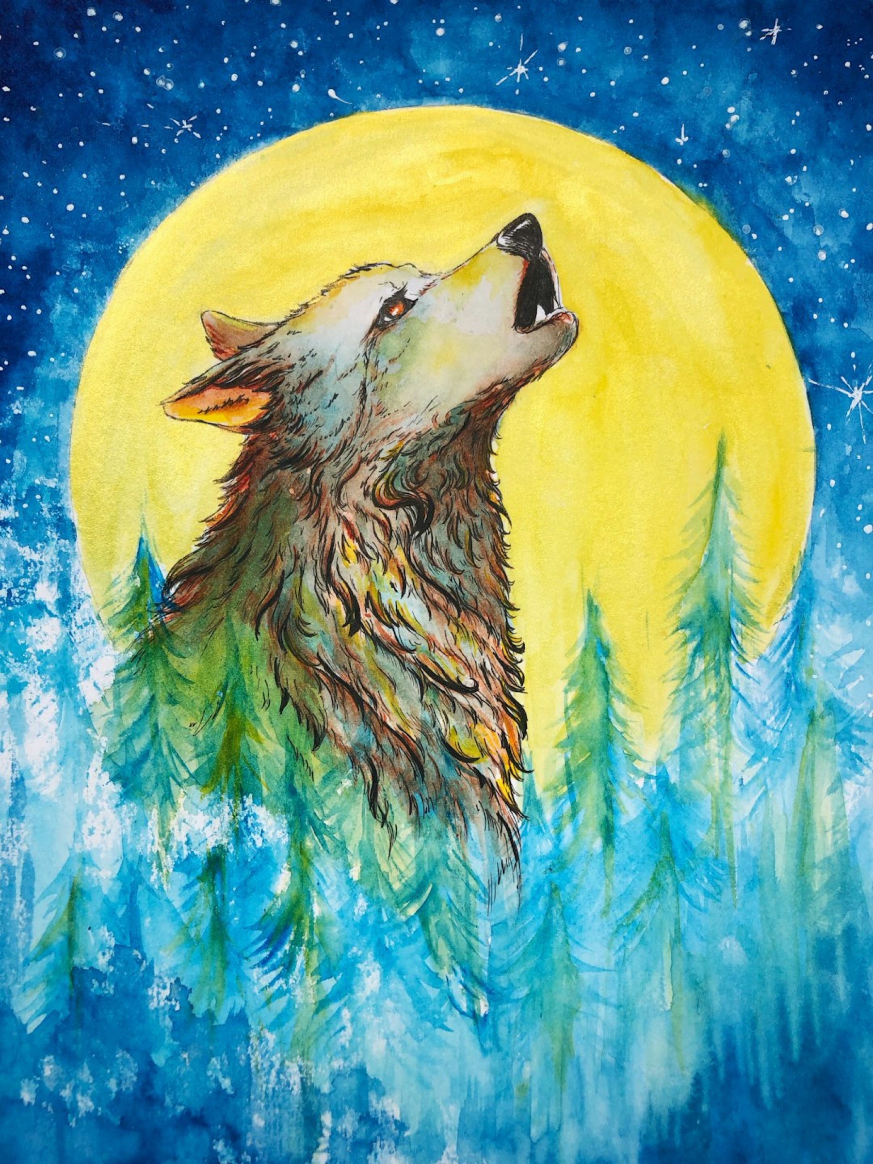 Watercolor Moon Howler – Vibrant Night Forest Wolf Art Print