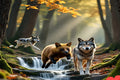 Woodland Wildlife Art Print - Forest Stream with Wolves