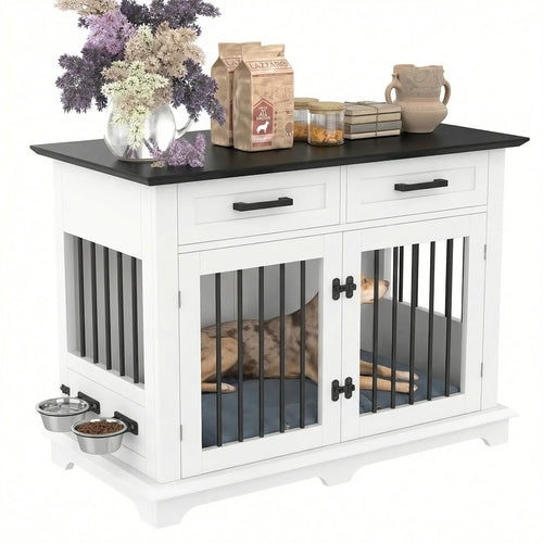 44.48" Wooden Dog Crate Furniture with Storage Drawers and Rotating