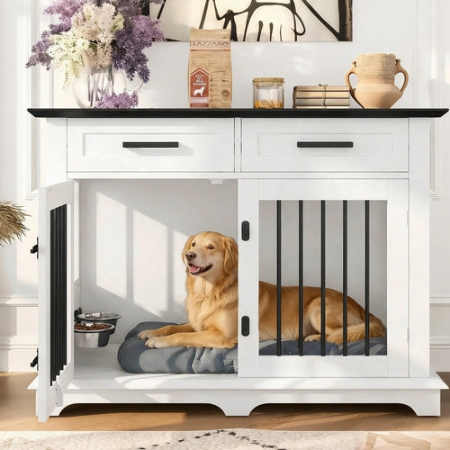 44.48" Wooden Dog Crate Furniture with Storage Drawers and Rotating