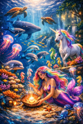 Rainbow Mermaid & Unicorn Dreamscape – Fantasy Underwater Art Print