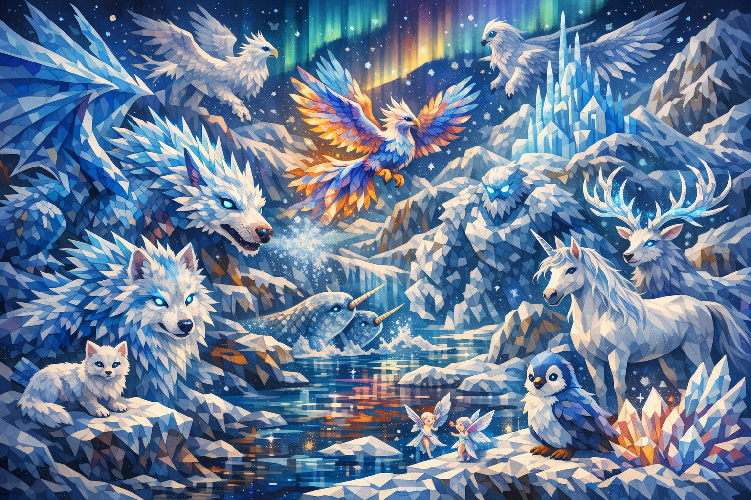Crystal Kingdom Creatures – Ice Wolves, Unicorn & Aurora Fantasy Art Print